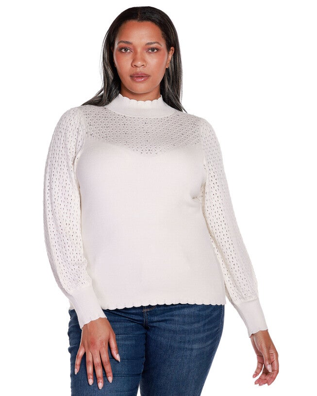 POINTELLE AND RHINESTONE DETAIL SWEATER, Winter White / Cream, hi-res image number 0
