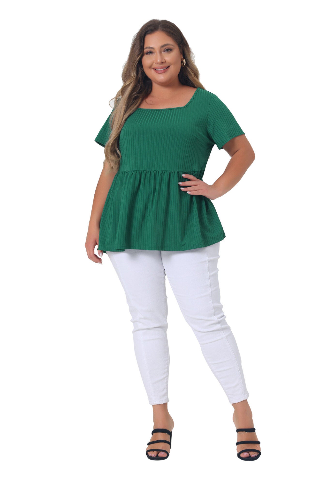 Babydoll Top Summer Peplum Short Sleeve Summer Oversized Tunic Blouse, Green / Forest Green, hi-res image number 0