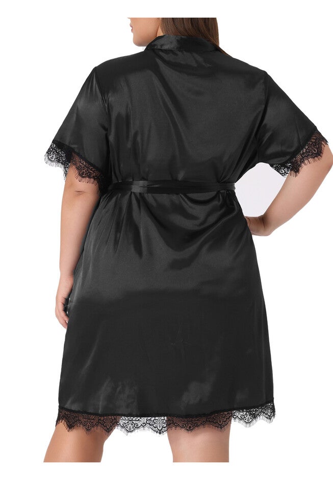 SATIN ROBE SHORT SILKY BATHROBE BRIDESMAID DRESSING GOWN, Black / Black, alternate image number 4