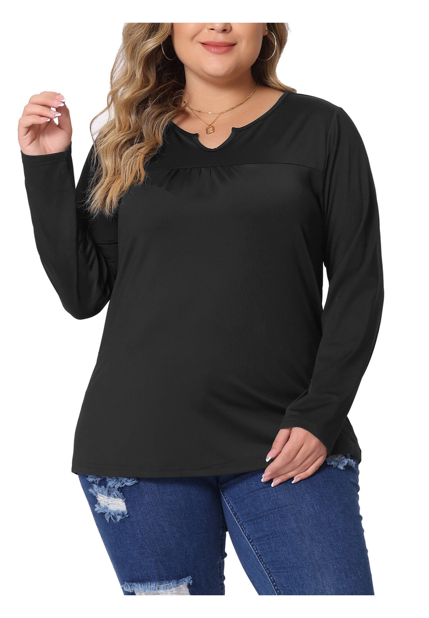 NOTCHED NECK LONG SLEEVE T-SHIRT LOOSE CASUAL TUNIC BLOUSE, Black / Black, alternate image number 1