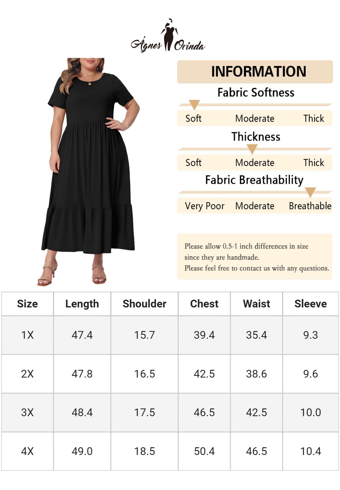 Short Sleeve Crew Neck Swing Flowy Summer Maxi Dress, Black / Black, alternate image number 4