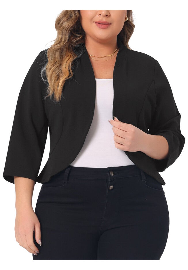 OPEN FRONT 3/4 SLEEVE SUIT BLAZER, Black / Black, alternate image number 1