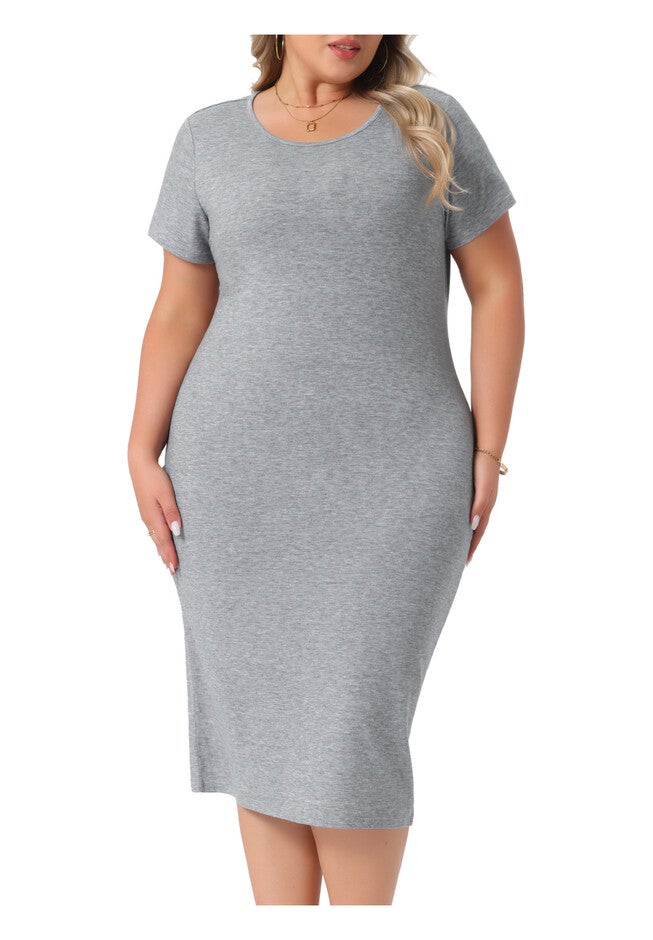 Short Sleeve Crew Neck Casual Midi Bodycon Casual T Shirt Dress, Gray / Light Grey, alternate image number 2