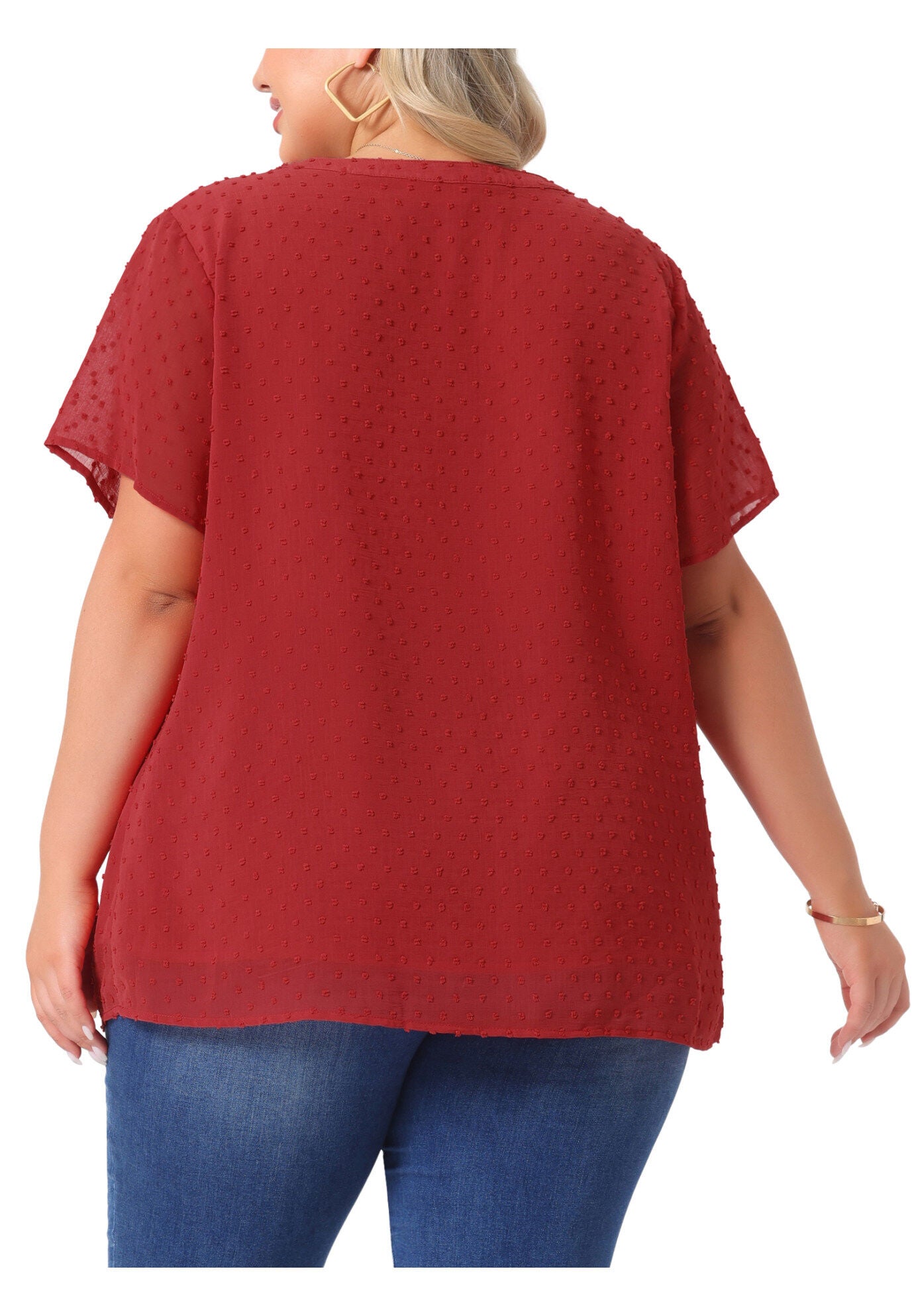 Swiss Dots Notched Neck Short Sleeve Basic Blouse, Red / Red, alternate image number 3