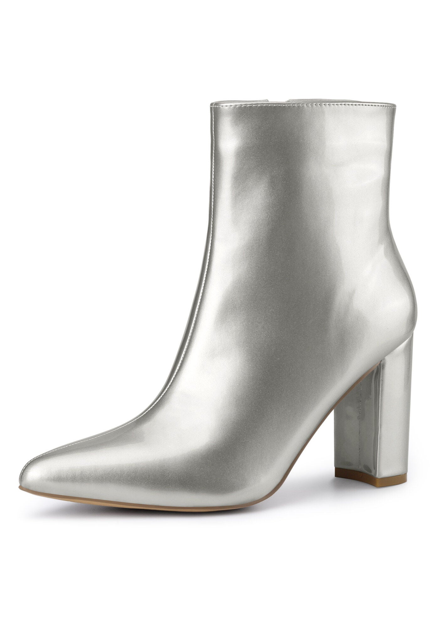 PATENT LEATHER POINTED TOE ZIP ANKLE BOOTS, Silver / Silver, hi-res image number 0