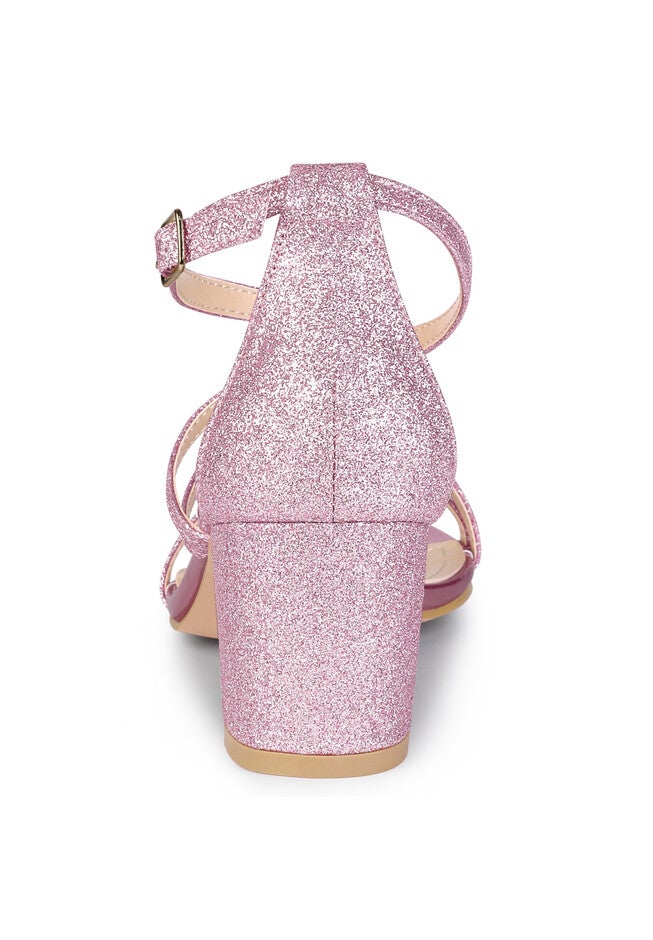 Glitter Crisscross Strap Chunky Heels Sandals, Pink / Pink, alternate image number 2