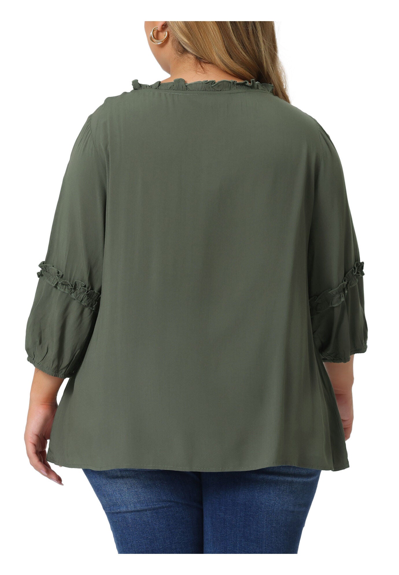 TIE NECK TASSEL SELF FLUTTER 3/4 SLEEVE BLOUSE TOP, Army Green / Olive Green, alternate image number 3