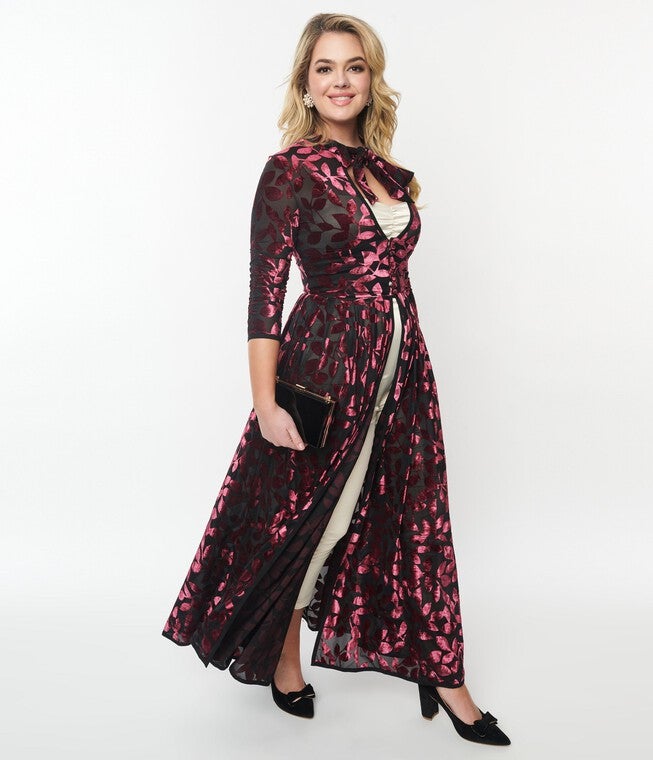 Unique Vintage Burgundy Velvet Burnout Floral Tallullah Duster, Burgundy Floral / Burgundy, hi-res image number null