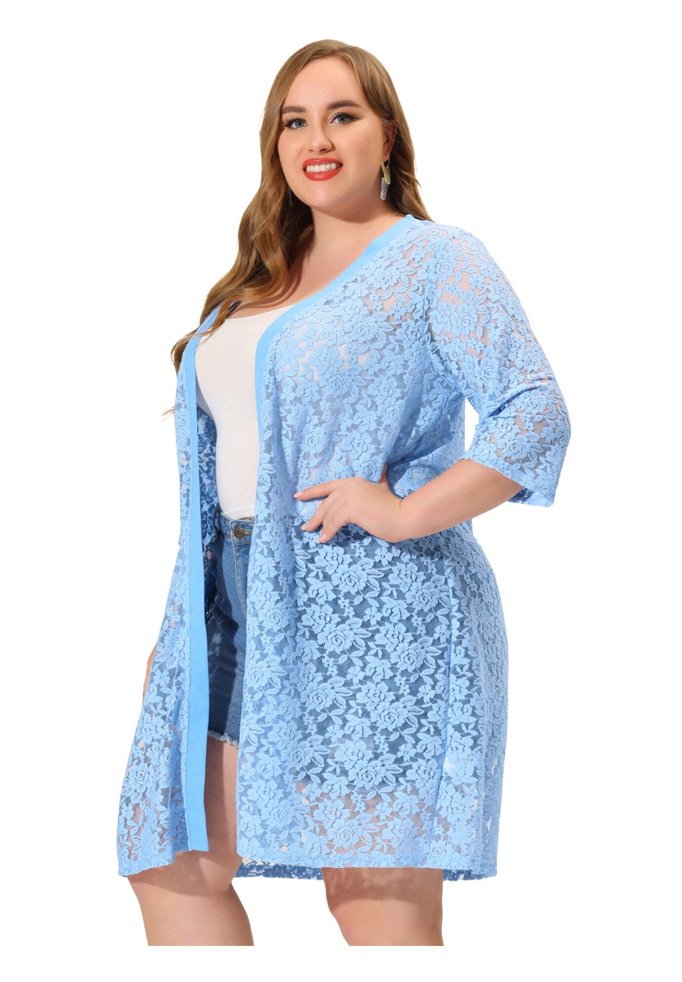 LACE CROCHET 3/4 SLEEVE COVER UP CARDIGAN, Light Blue / Light Blue, alternate image number 2
