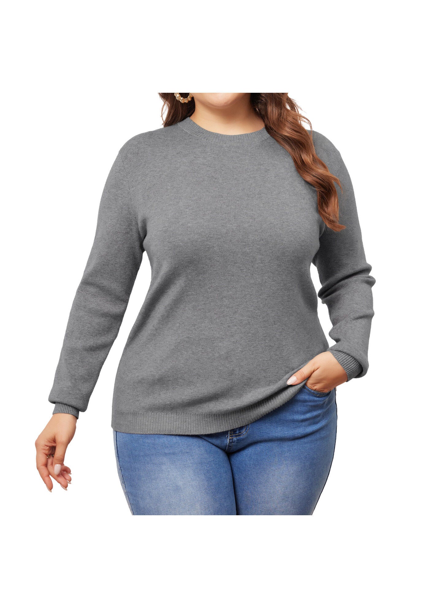Long Sleeve Crewneck Knit Sweater Tee Top, Grey / Cool Gray, alternate image number 2