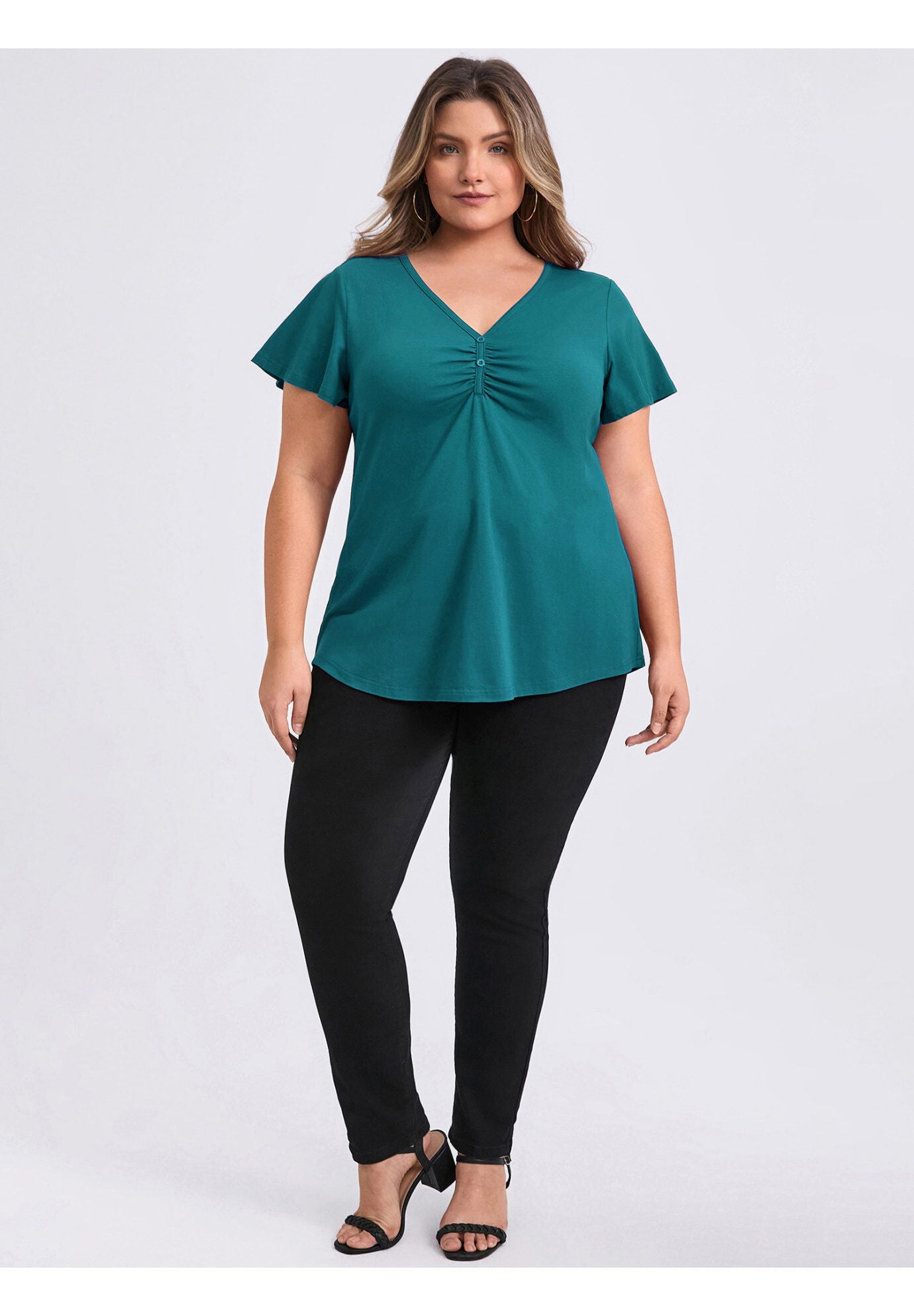 Front Pleated V Neck Flutter Sleeve Button Decor Blouse, Teal / Teal, alternate image number 1