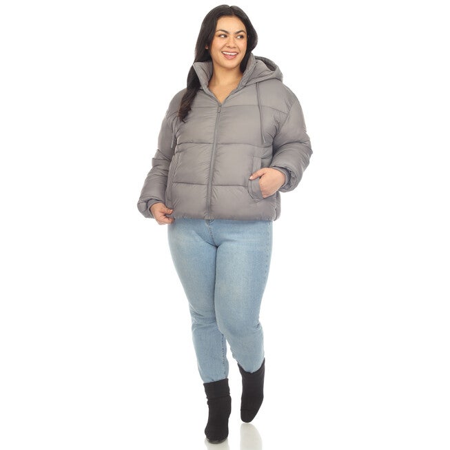 Women's Full Front Zip Hooded Bomber Puffer Coat, Grey / Charcoal Grey, alternate image number 2