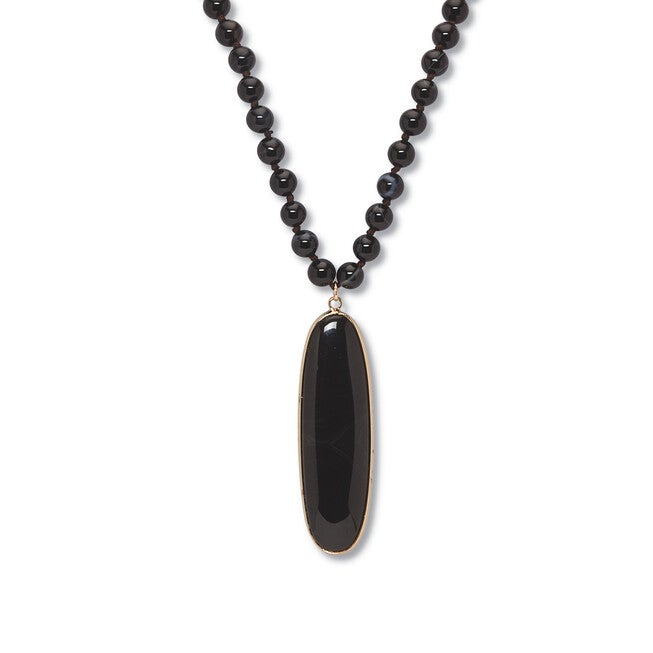 Genuine Black Agate Goldtone Bezel Set Oval Cabochon Beaded Necklace 34 Inch, Black / Black, hi-res image number 0