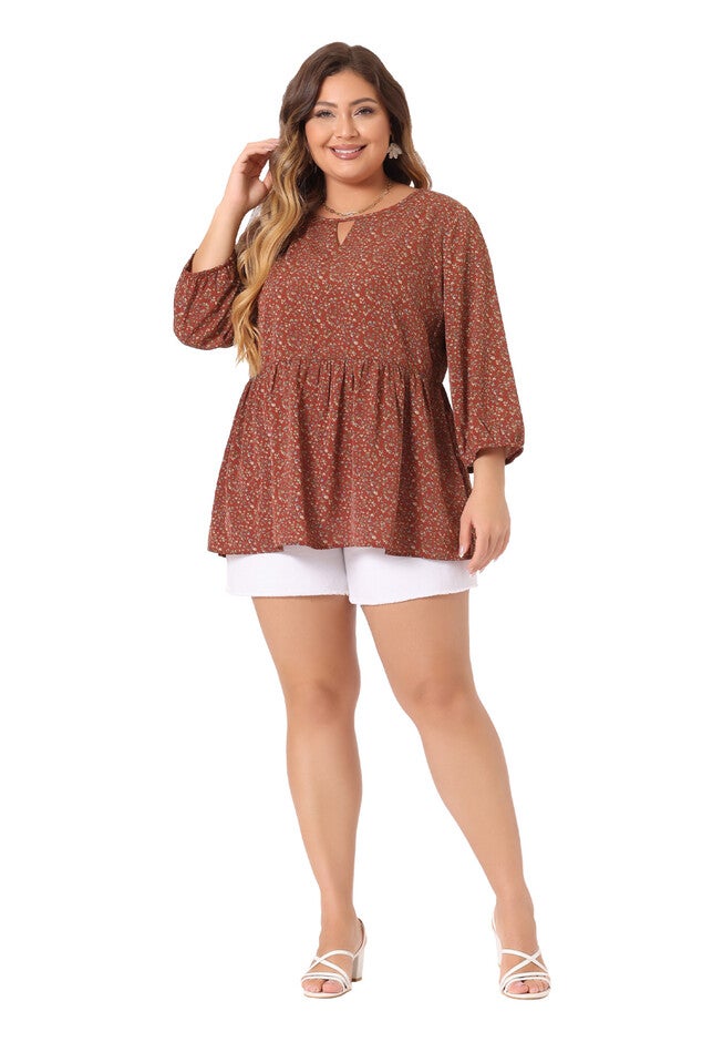3/4 Sleeves Babydoll Chiffon Keyhole Floral Flowy Top Blouse, Red Brown / Terracotta, hi-res image number 0