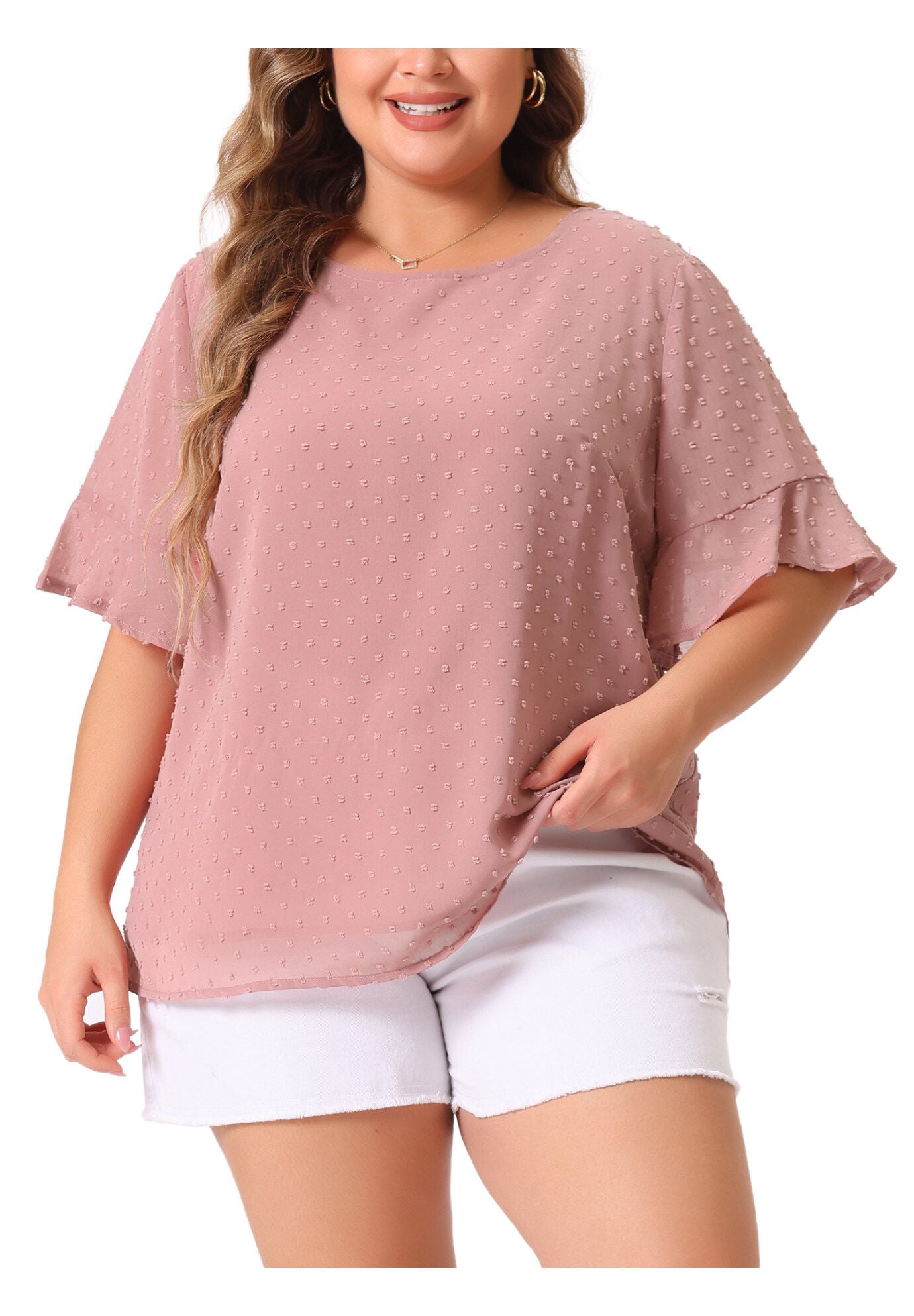 ROUND NECK RUFFLE SLEEVE SWISS DOTS TEE T-SHIRT TOP, Dark Pink / Pink, alternate image number 2