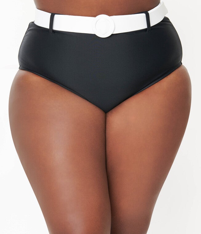 Unique Vintage Black & White Belted Swim Bottoms, , alternate image number 5