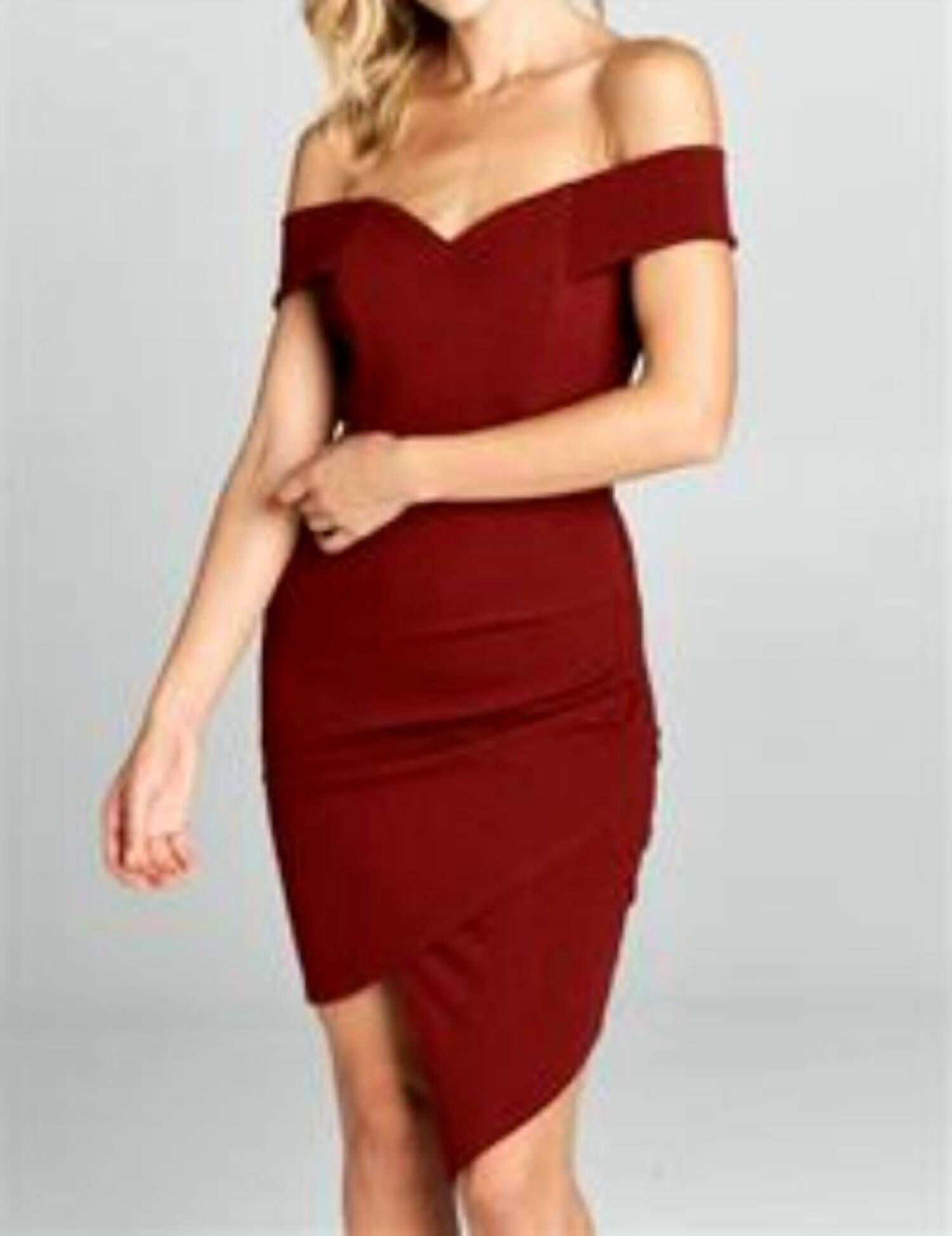 ASYMETTRICAL OFF THE SHOULDER MINI DRESS IN WINE, Wine / Red, hi-res image number 0