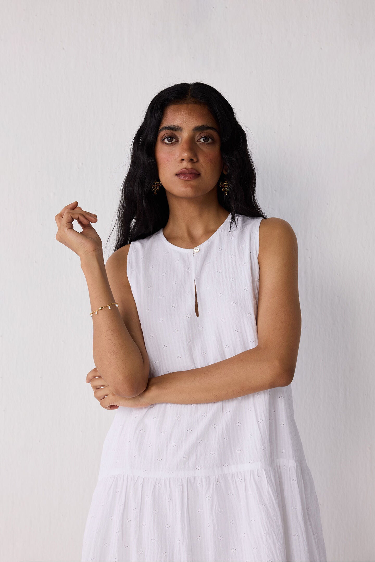 Embroidered Everyday Sleeveless Short Tiered Dress in White, Textured Eyelet in White / White, alternate image number 3