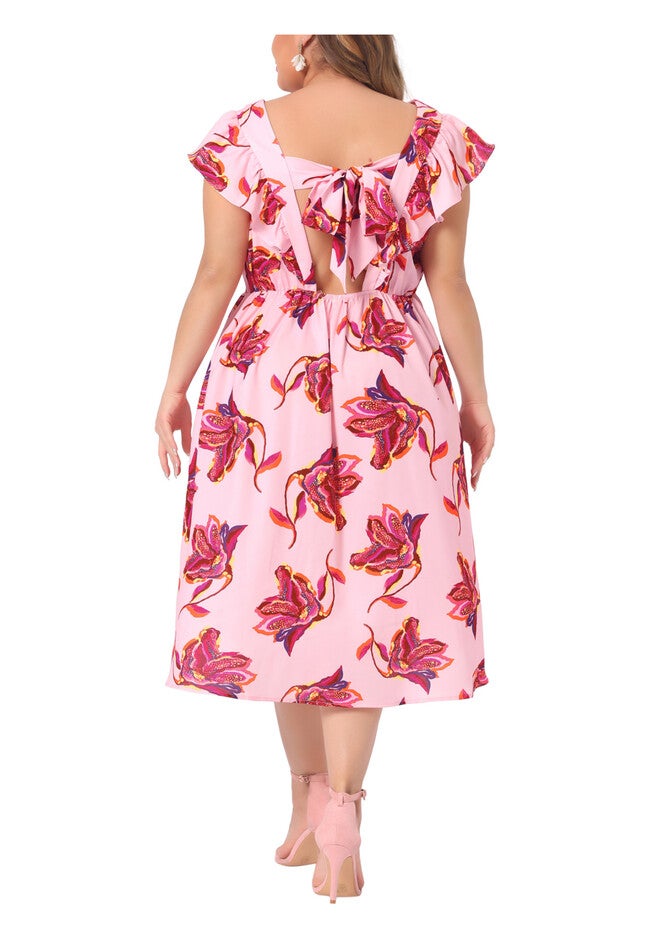 Floral Ruffle Short Sleeves Tie Back V Neck Summer Dress, Pink / Pink, alternate image number 3