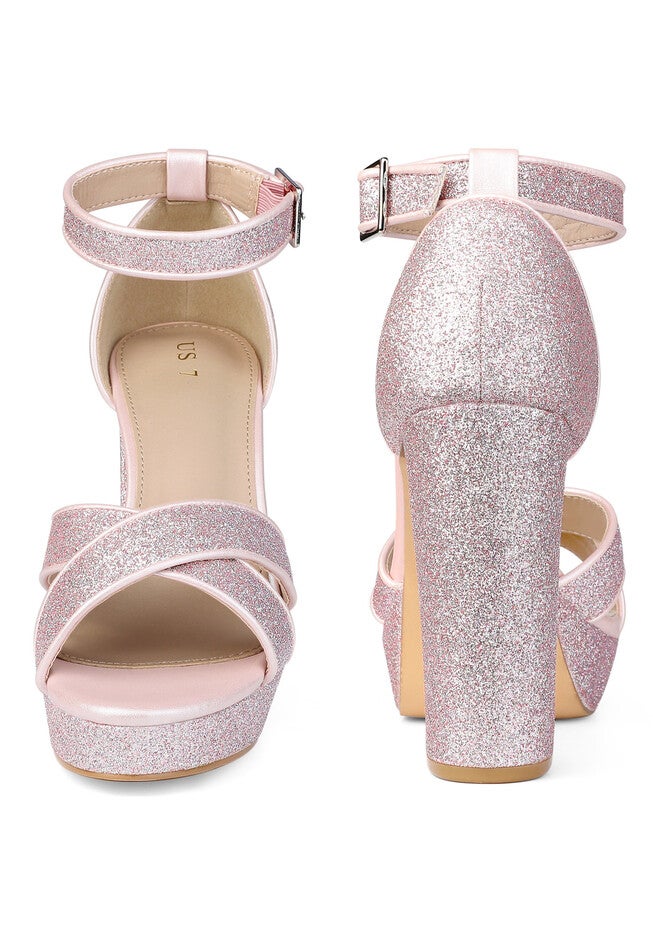 Glitter Platform Crisscross Strap Chunky Heels Sandals, Pink / Pink, alternate image number 1