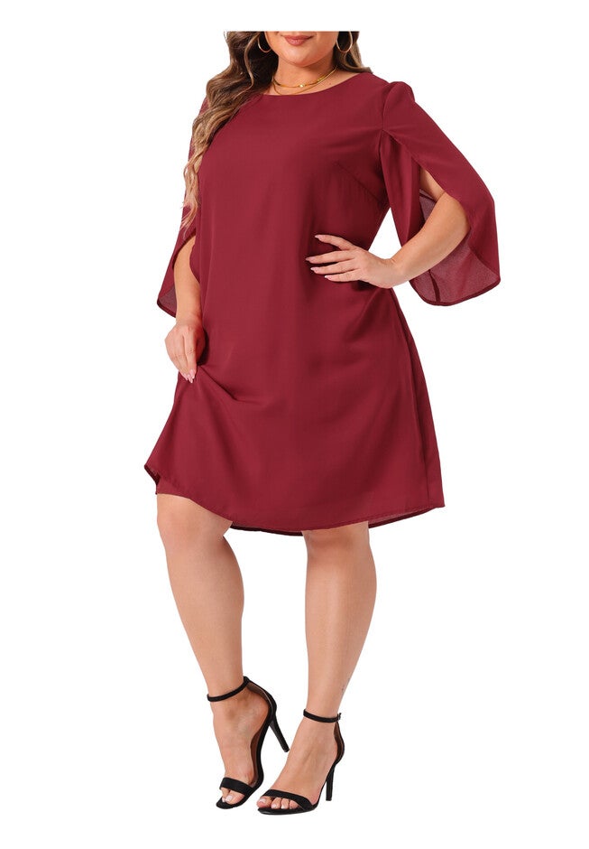 Crew Neck 3/4 Flutter Sleeve Cocktail Chiffon Dress, Burgundy / Burgundy, alternate image number 1