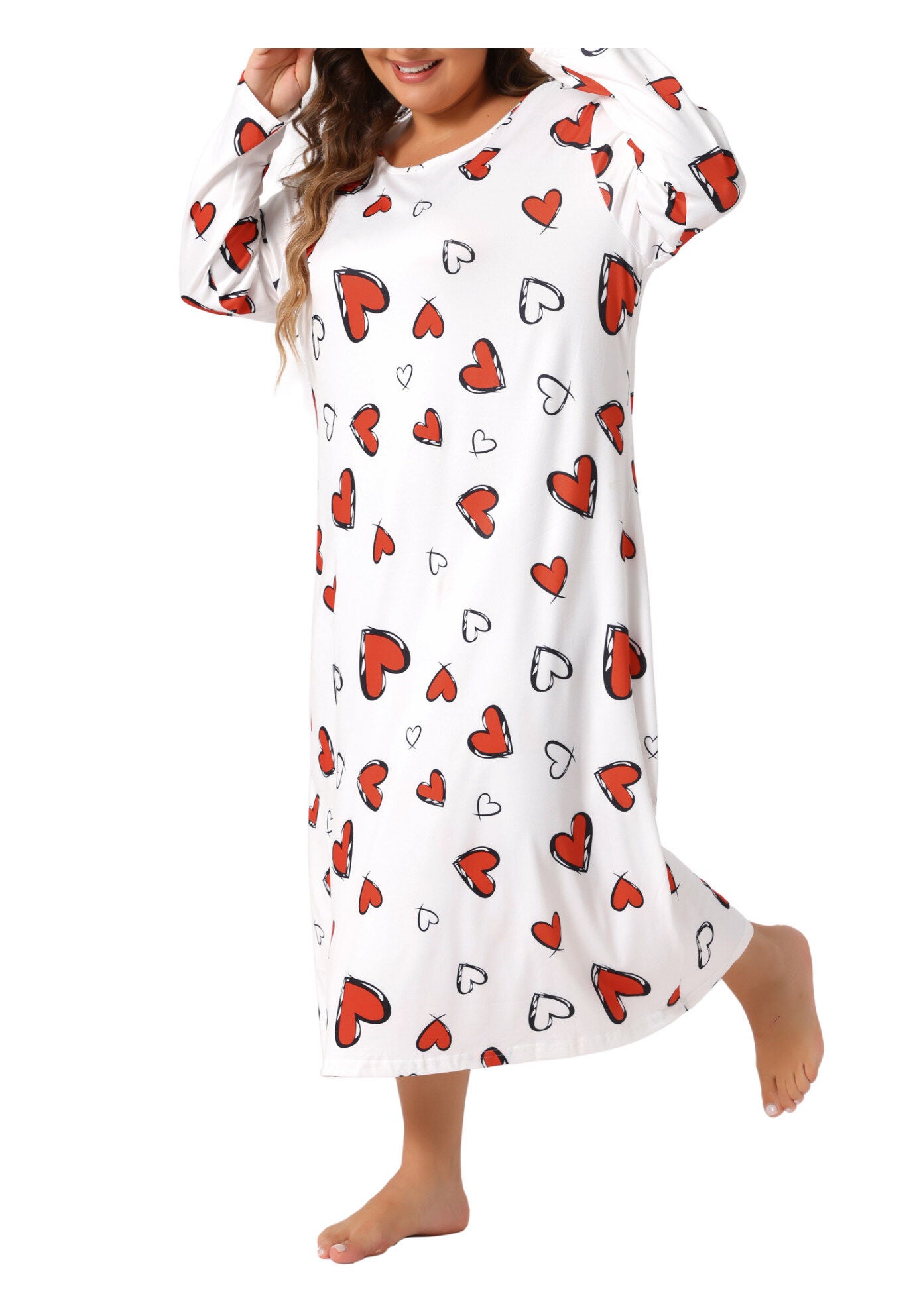 Crew Neck Long Sleeve Print Sleep Dress, White / White, alternate image number 1