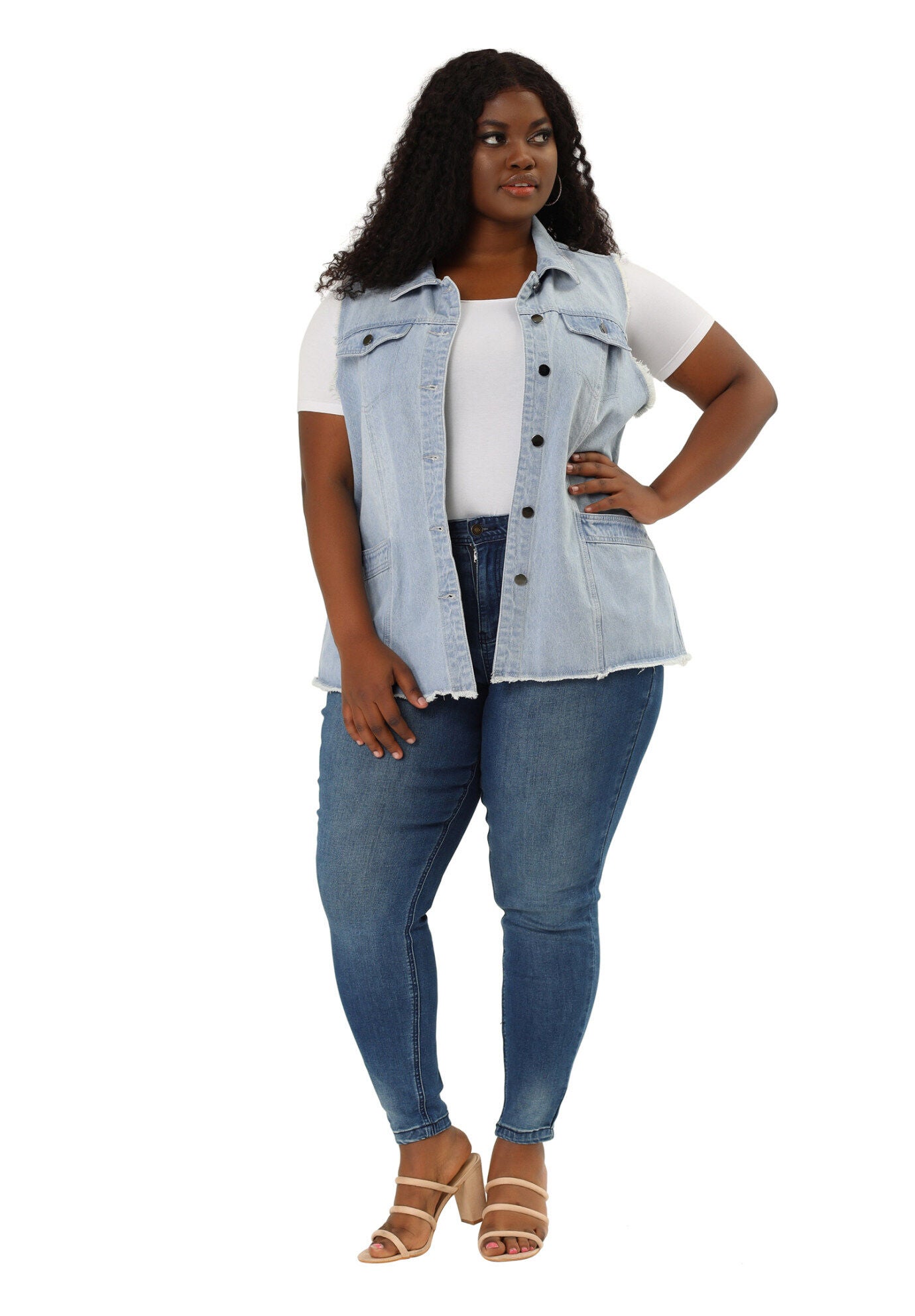 BUTTON FRONT LAPEL FRAYED WASHED SLEEVELESS LONG DENIM VEST, Sky Blue / Light Blue, hi-res image number 0