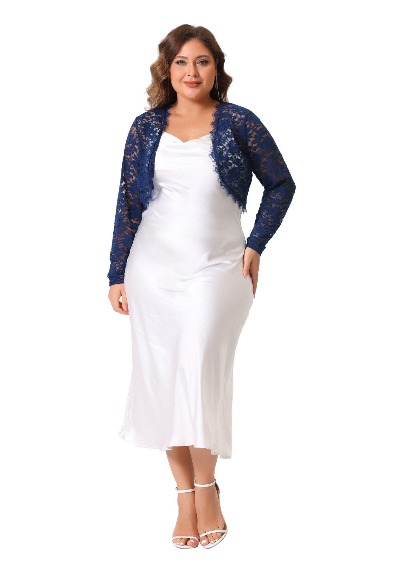 LONG SLEEVE FLORAL LACE SHRUG, Navy Blue / Navy, hi-res image number 0