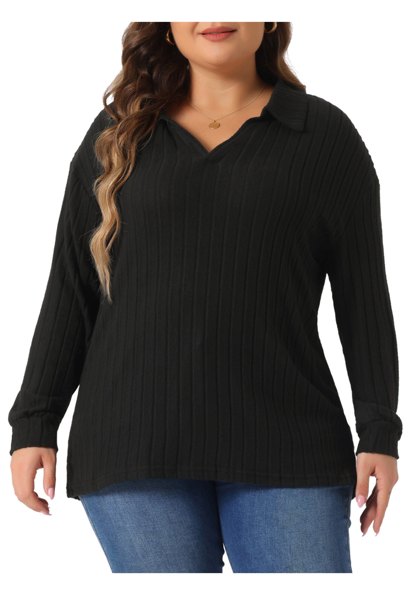 Loose Polo V Neck Long Sleeve Ribbed Knit Top, Black / Black, alternate image number 2