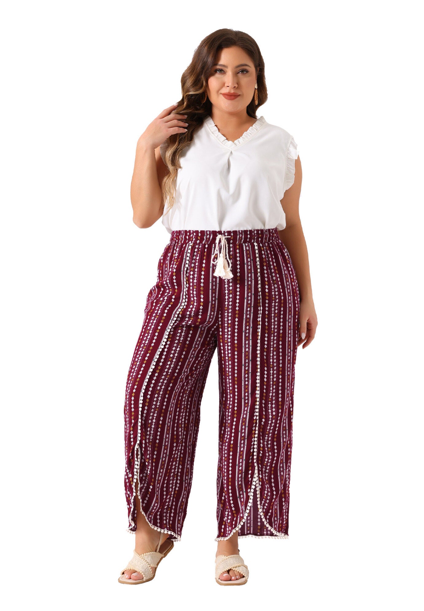 SPLIT ELASTIC WAIST FLOWY STRIPED WIDE LEG PANTS, Burgundy / Red, hi-res image number 0