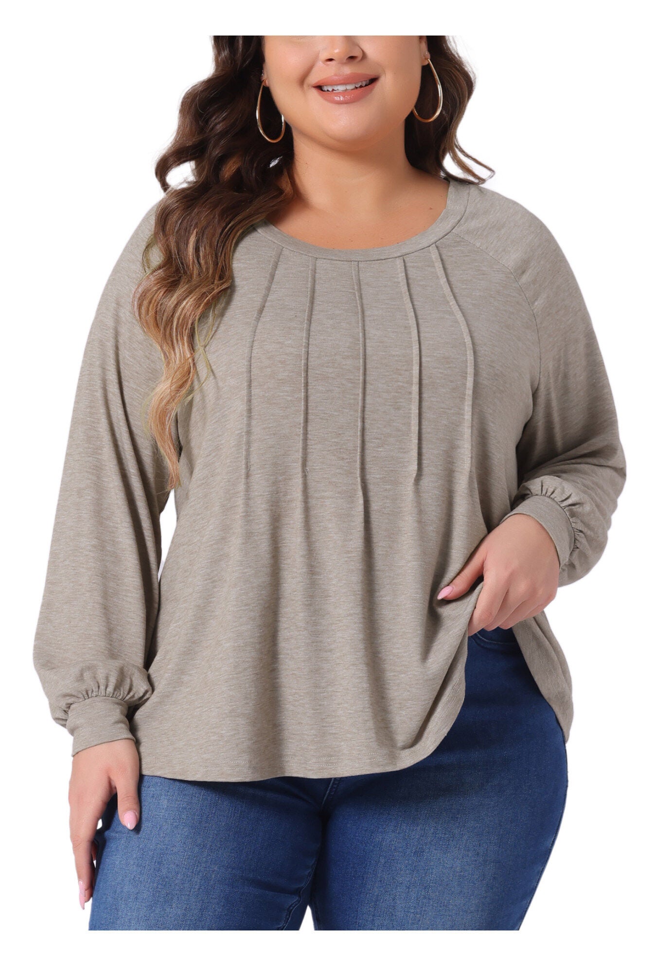 Crew Neck Pleated Long Sleeve Tunic Blouse, Light Khaki / Warm Grey, alternate image number 2