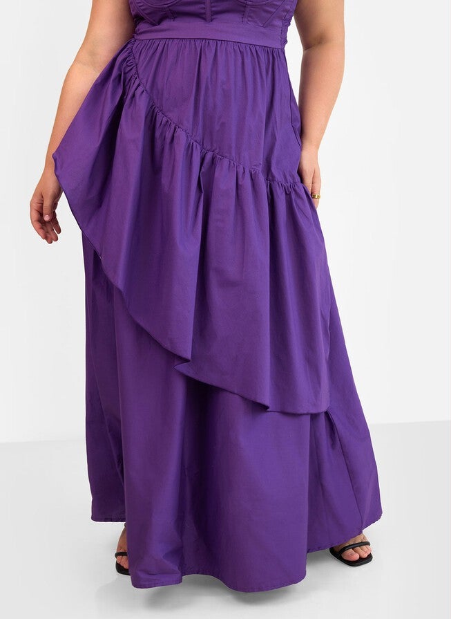VIOLETTE POPLIN CORSET RUFFLE MAXI A LINE DRESS - PLUM, Purple / Purple, alternate image number 4