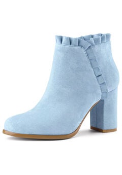 RUFFLE BLOCK HEEL ANKLE BOOTS