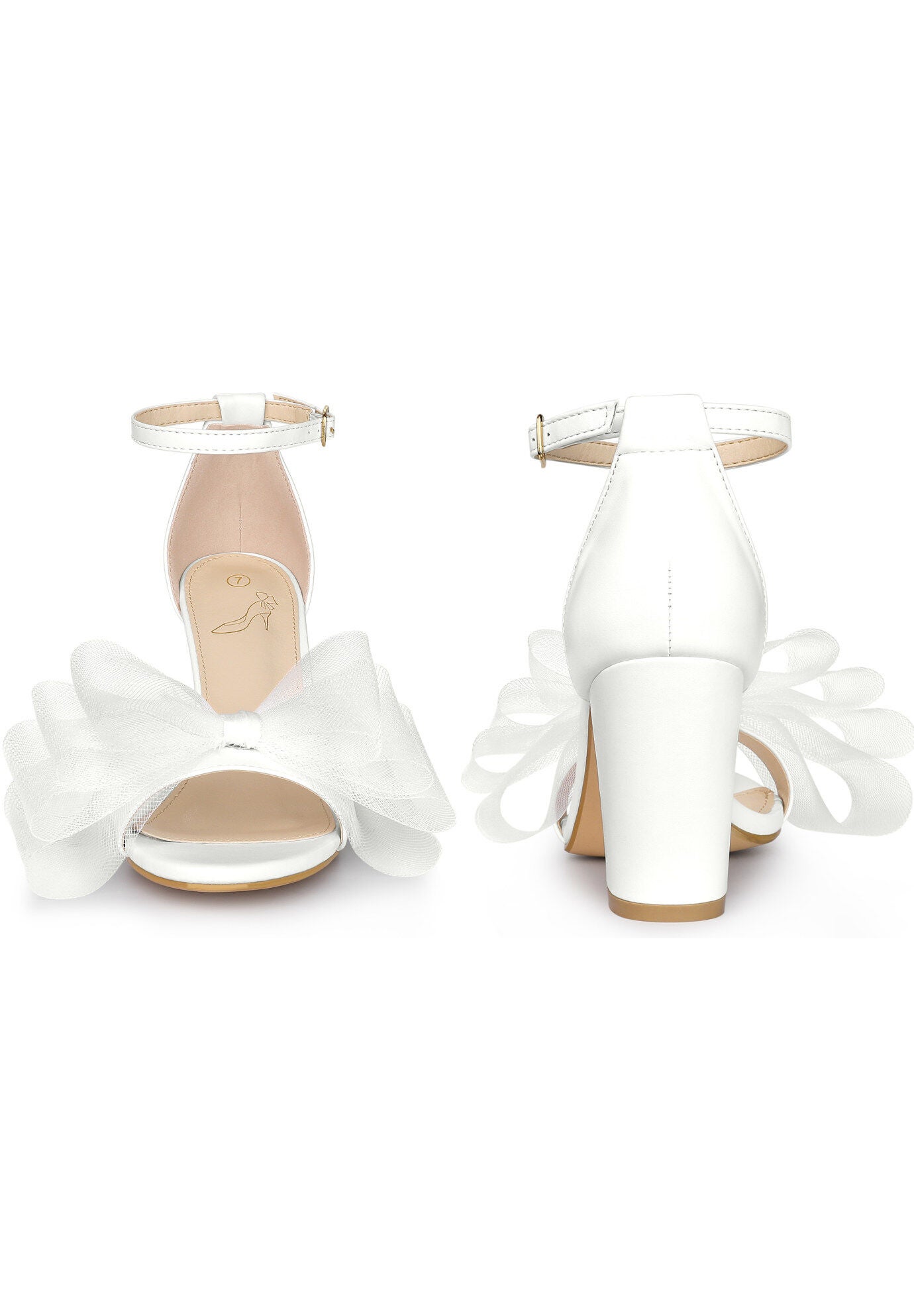 Bow Tie Ankle Strap Chunky High Heels Sandals, White / White, alternate image number 2
