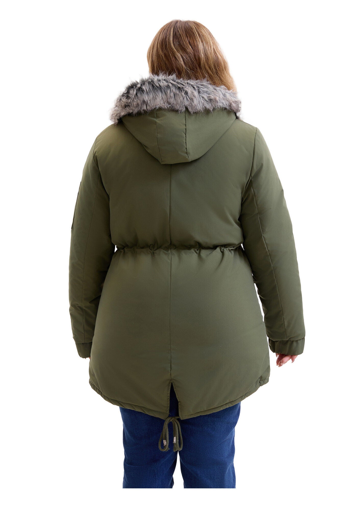Drawstring Waist Fleece Winter Coat with Pockets, Army Green / Olive Green, alternate image number 3