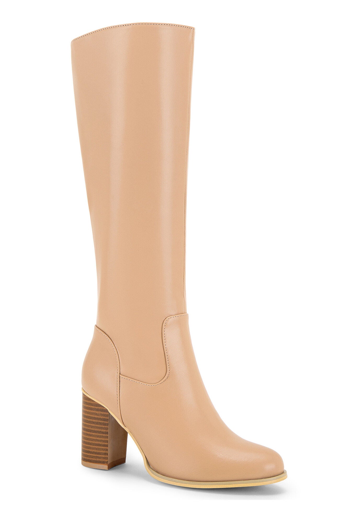 Knee High Boots Round Toe Chunky Block Heels Boot, Nude / Peach, hi-res image number 0