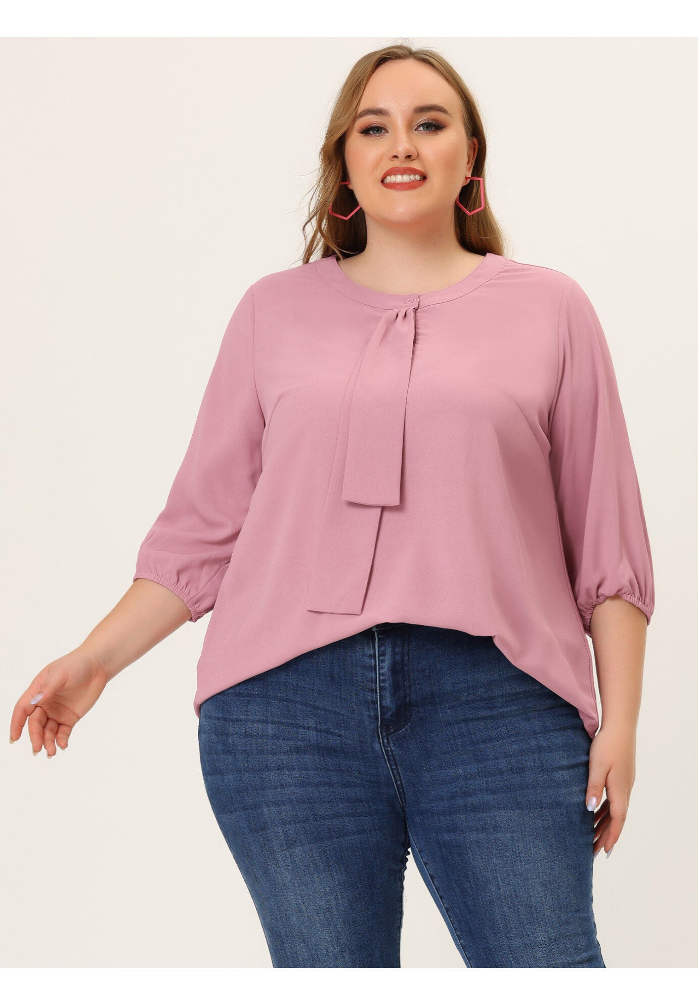Work Round Neck Ruffle Chiffon Blouse Top, Pink Purple / Pink, hi-res image number 0