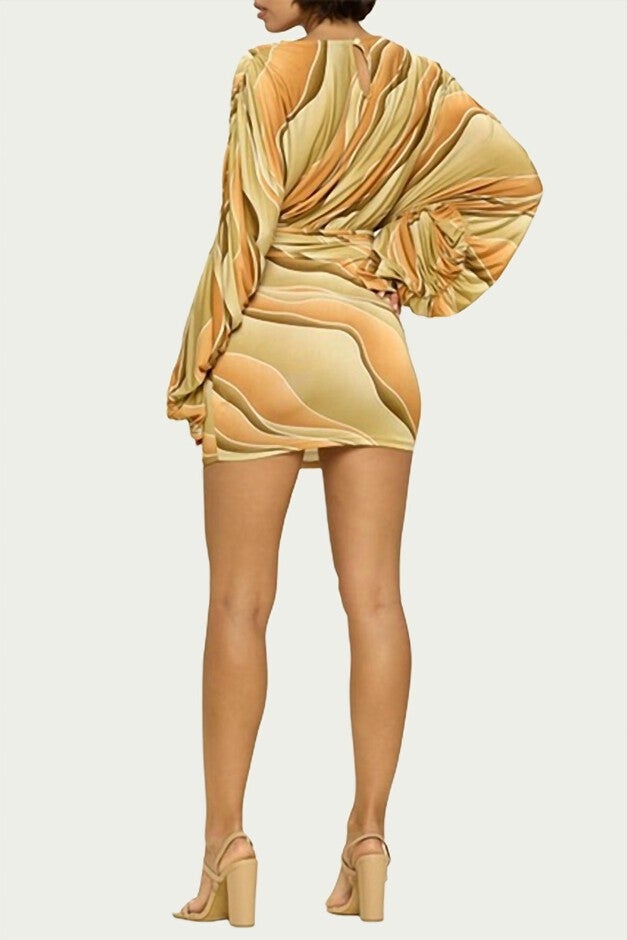 MARBLE RUCHED JERSEY MINI DRESS IN YELLOW/TAUPE, , alternate image number null