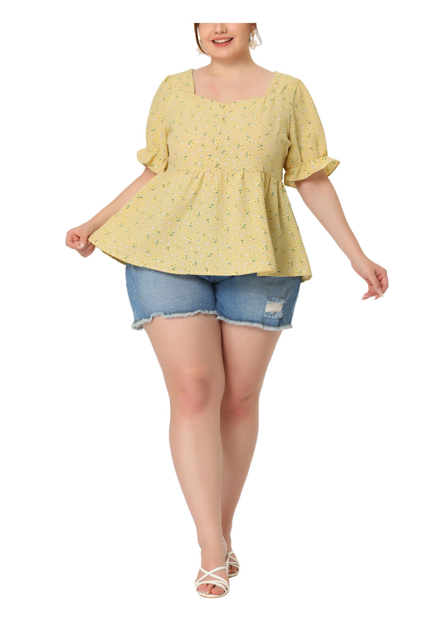 Sweetheart Neck Floral Peplum Top, Yellow / Yellow, alternate image number 1