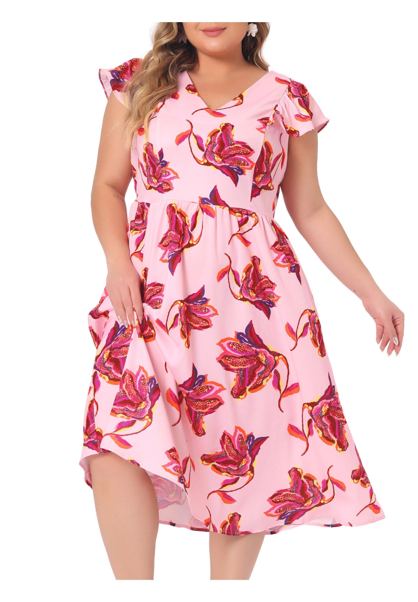 Floral Ruffle Short Sleeves Tie Back V Neck Summer Dress, Pink / Pink, alternate image number 2