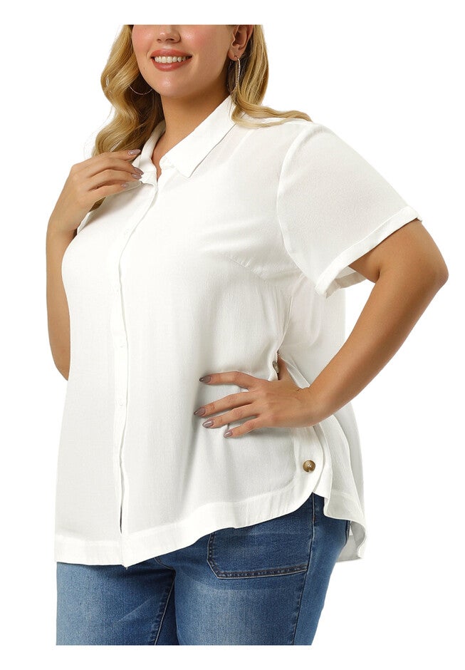 Short Sleeve Collar Button Front Work Shirt Top, White / White, alternate image number 2