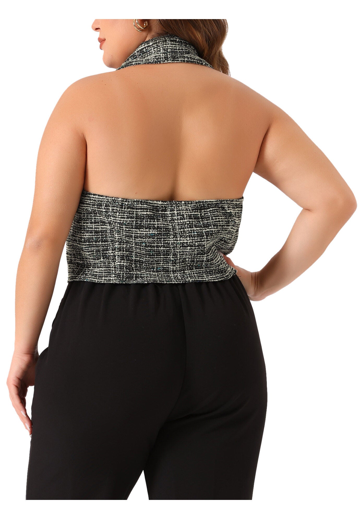 VINTAGE TWEED HALTER NECK SINGLE BREASTED VEST, Black / Black, alternate image number 3