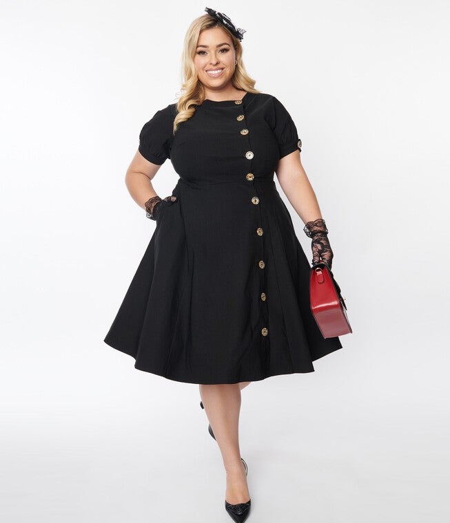 Unique Vintage Black Button Swing Dress, Black / Black, hi-res image number 0
