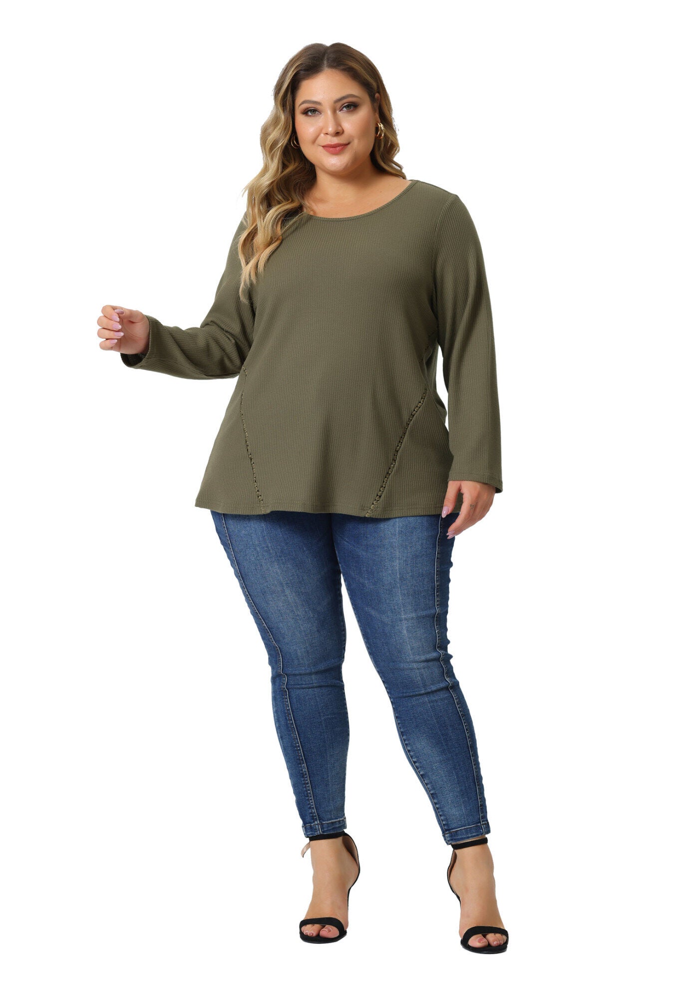 WAFFLE KNIT CAUSAL ROUND NECK TOP, Green / Sage Green, hi-res image number 0