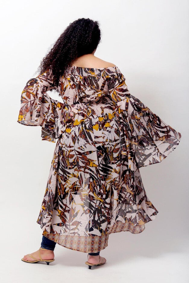 Christi Off The Shoulder Duster, Earthly Leaves Print / Tan, alternate image number 1