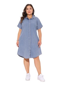 Short Sleeve Button Down with Pockets Midi Jean Denim Shirt Dress