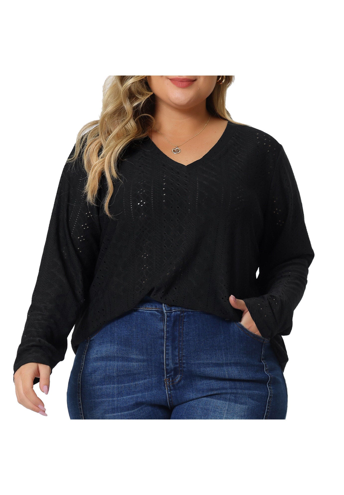 V Neck Long Sleeve Hollow Eyelet Top T-Shirt Tee, Black / Black, alternate image number 1
