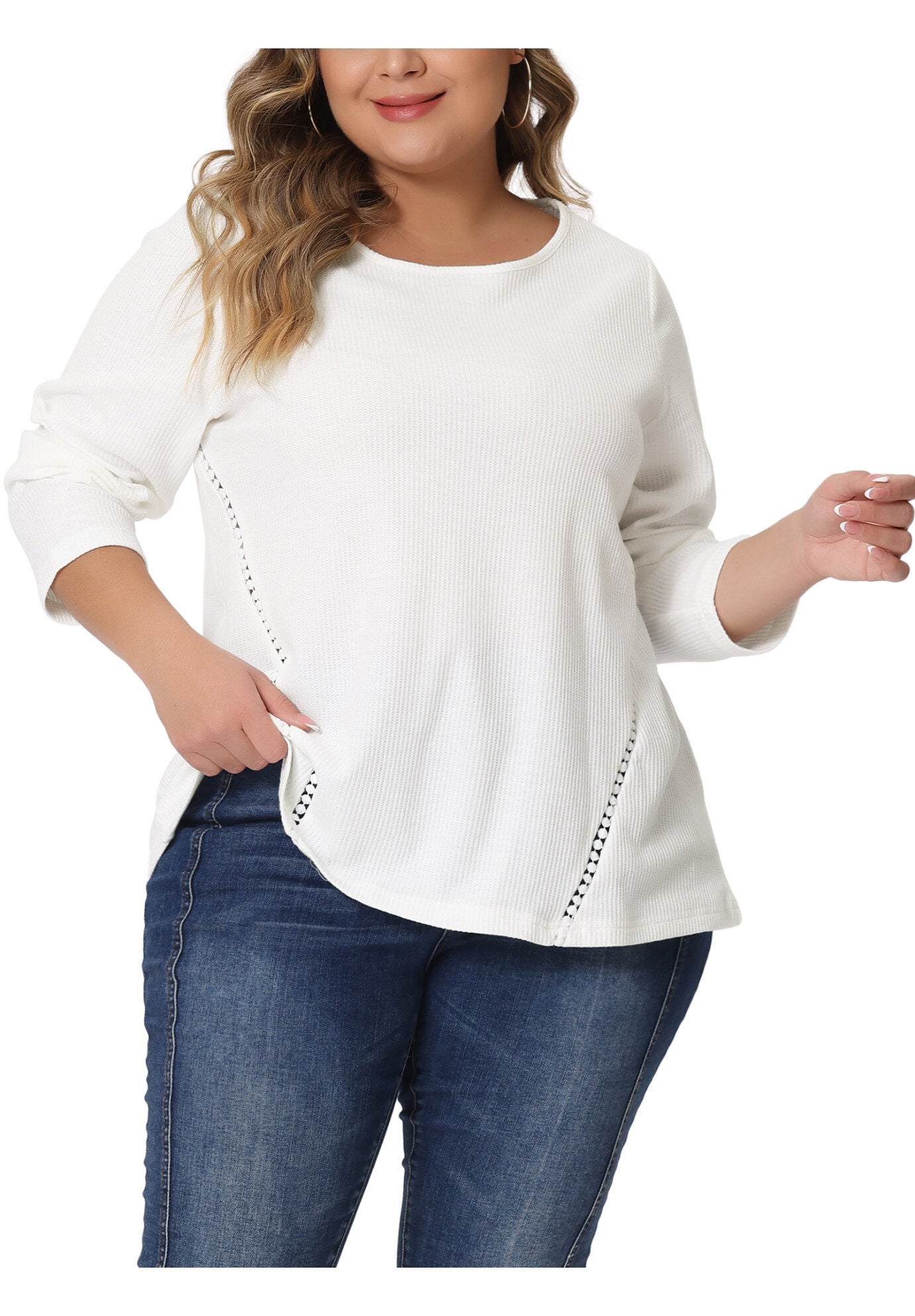 WAFFLE KNIT CAUSAL ROUND NECK TOP, White / White, alternate image number 2