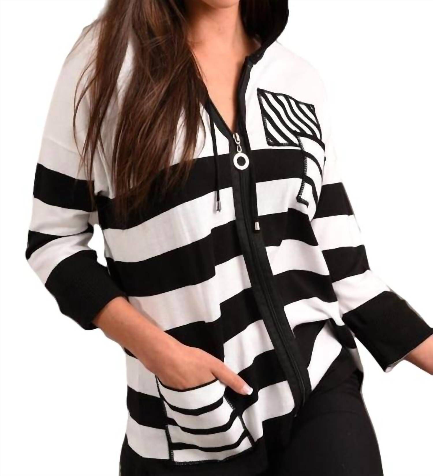 SLEEVE HOODED CARDIGAN IN WHITE/BLACK, WhiteBlack / Black, hi-res image number 0