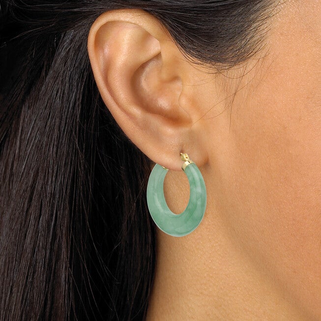 Green Jade Hoop Earrings in Gold-Plated Sterling Silver, Green / Hunter Green, alternate image number 2